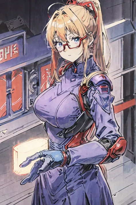 anime,An illustration,purple robot,Mobile Suit,Dom,Light blue check dress,Red glasses,Blonde,Light blue mesh hair,beautiful girl,Sora Sakurano,One person
