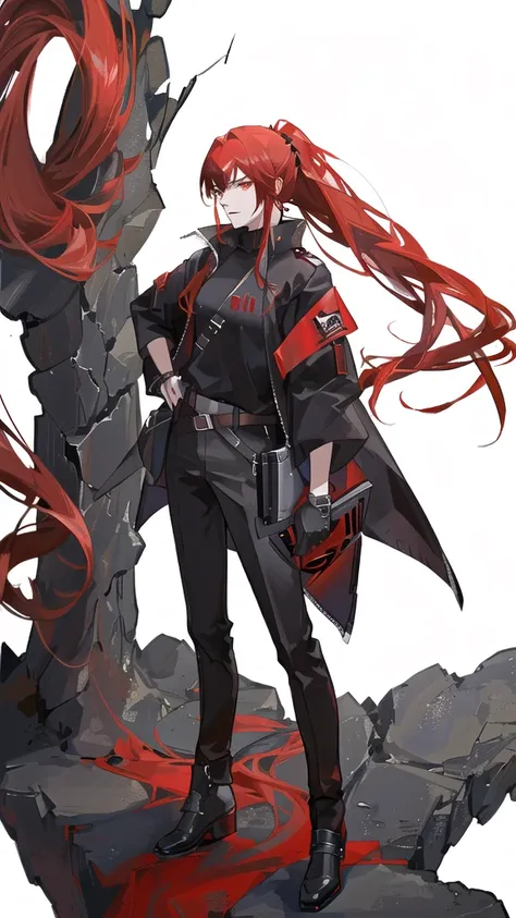 Anime androgynous person, adult, red long hair, in ponytail, looks serious evil, meteor falling in the background, wearing black shirt with red outer, one person, tattoos 