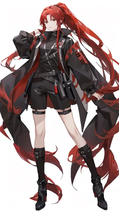 Anime androgynous person, adult, red long hair, in ponytail, looks serious evil, meteor falling in the background, wearing black shirt with red outer, one person, tattoos 