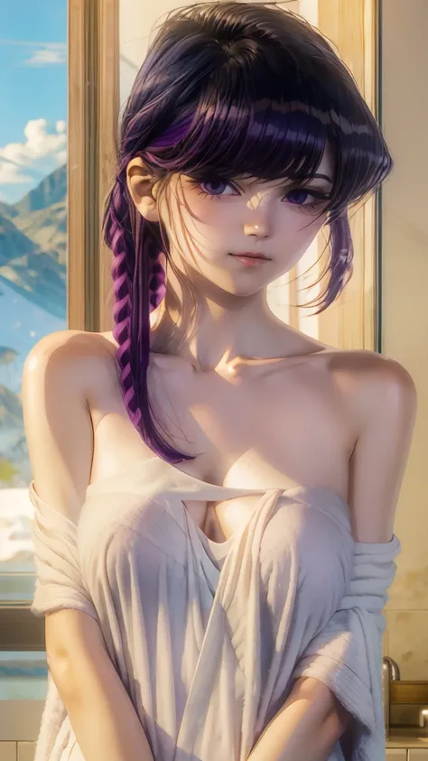 shokokomidef, purple hair, purple eyes, long hair,
looking at viewer, blush, bangs, towel, collarbone, breasts, naked towel, bare shoulders, upper body, warm light, hotsprings
masterpiece, best quality, clear eyes, perfect eyes