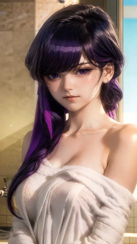 shokokomidef, purple hair, purple eyes, long hair,
looking at viewer, blush, bangs, towel, collarbone, breasts, naked towel, bare shoulders, upper body, warm light, hotsprings
masterpiece, best quality, clear eyes, perfect eyes