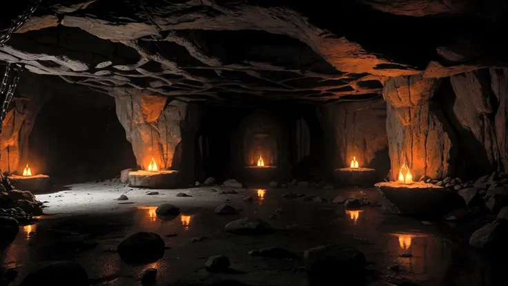 "A dimly lit cavern where the souls of the unrighteous are held, chained and awaiting judgment. The chains glow faintly, symbolizing the anticipation of punishment. The souls are shown in various states of despair and reflection, surrounded by cold, jagged...