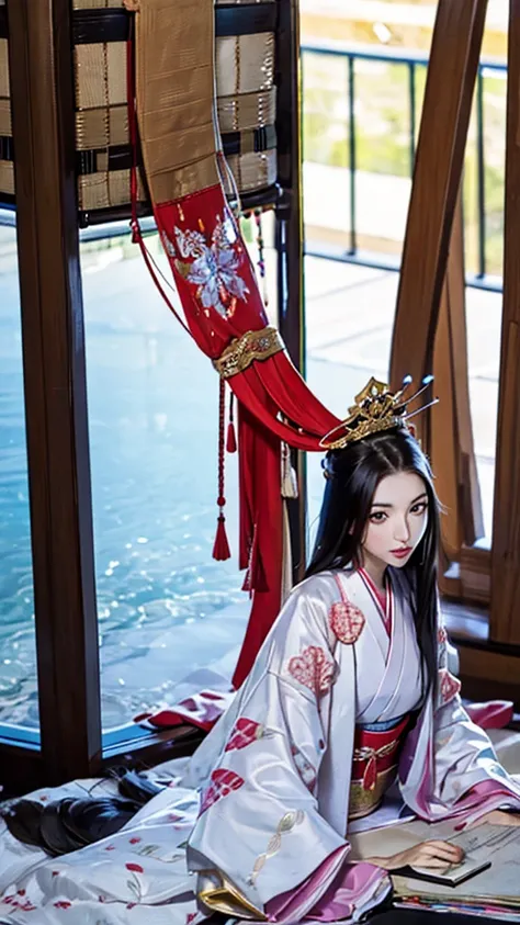 a beautiful 15-year-old japanese princess from the sengoku period with long black hair　gorgeous embroidery, ultra glossy, she is...