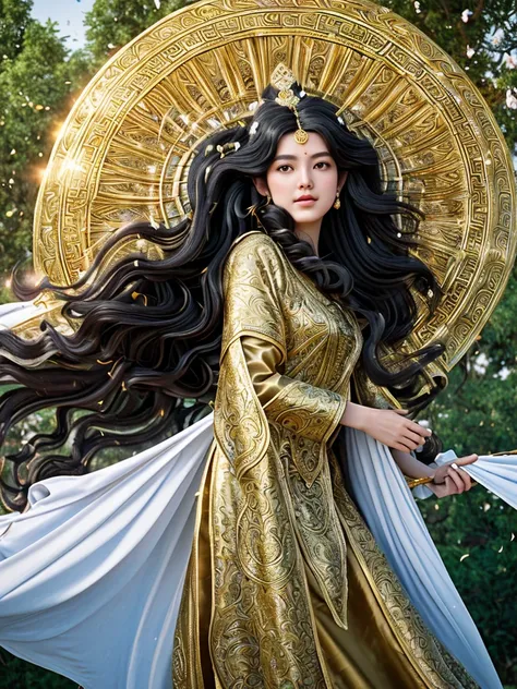 tall female goddess with perfect body, perfect face, royal robes, very long black curly hair, blowing hair. was drying clothes in the backyard of a magnificent palace. The goddess is surrounded by golden chakra rays, mystical aura, subtle wind elements. ci...