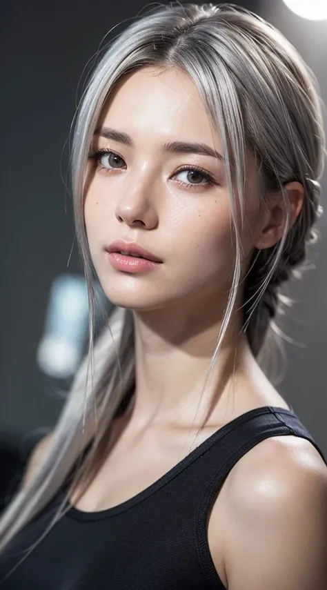 (photo realistic:1.4), (hyper realistic:1.4), (realistic:1.3), (smoother lighting:1.05), (increase cinematic lighting quality:0.9), 32K, 1girl, 19 year old girl, 172 cm tall, chest size 34D, ((long silver hair )), realistic lighting, backlighting, light on...