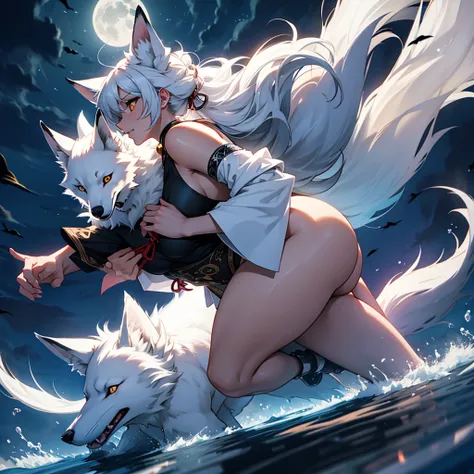 Moonlit night, A white fox with nine tails runs