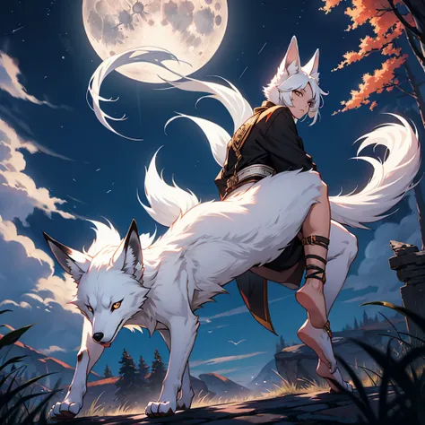 Moonlit night, A white fox with nine tails runs