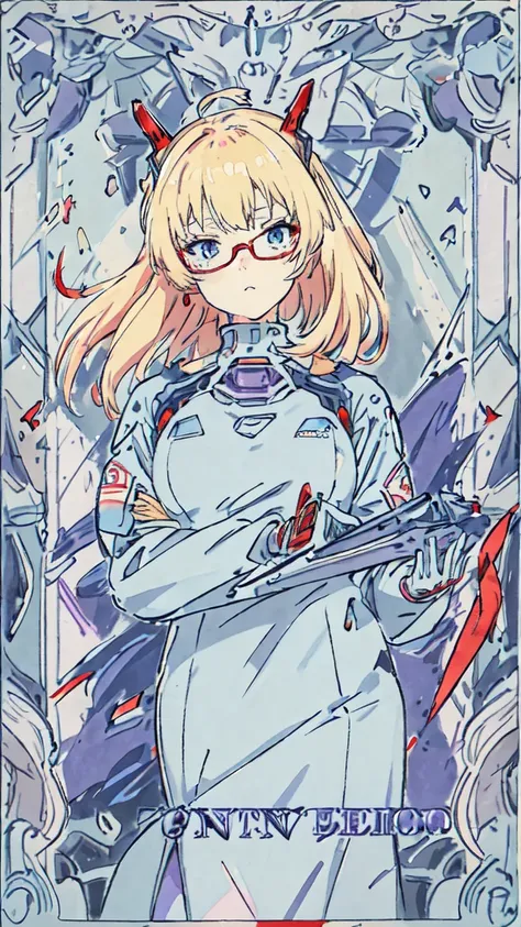 anime,An illustration,purple robot,Mobile Suit,Dom,Light blue check dress,Red glasses,Blonde,Light blue mesh hair,beautiful girl,Sora Sakurano,One person