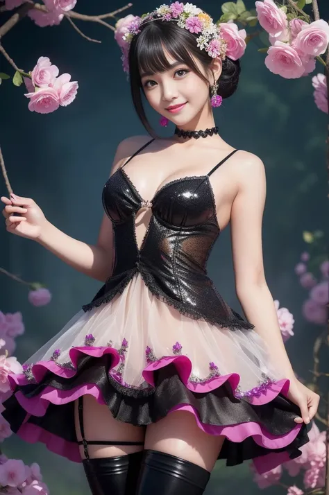 sexy Thai model who controls poison、smiling face、lip-gloss、long lashes、gothic makeup、look at the camera、full body Esbian、、sparkling poisoned flower costume、、、、sparkling Colorful short hair、secrete poison、skull hair accessories、sexy tights、shiny sparkling f...