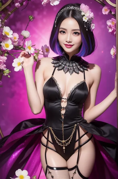 sexy Thai model who controls poison、smiling face、lip-gloss、long lashes、gothic makeup、look at the camera、full body Esbian、、sparkling poisoned flower costume、、、、sparkling Colorful short hair、secrete poison、skull hair accessories、sexy tights、shiny sparkling f...