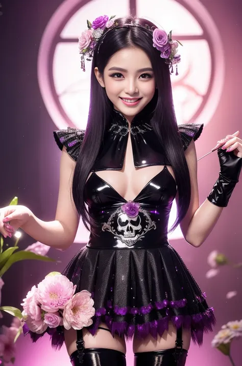 sexy Thai model who controls poison、smiling face、lip-gloss、long lashes、gothic makeup、look at the camera、full body Esbian、、sparkling poisoned flower costume、、、、sparkling Colorful short hair、secrete poison、skull hair accessories、sexy tights、shiny sparkling f...