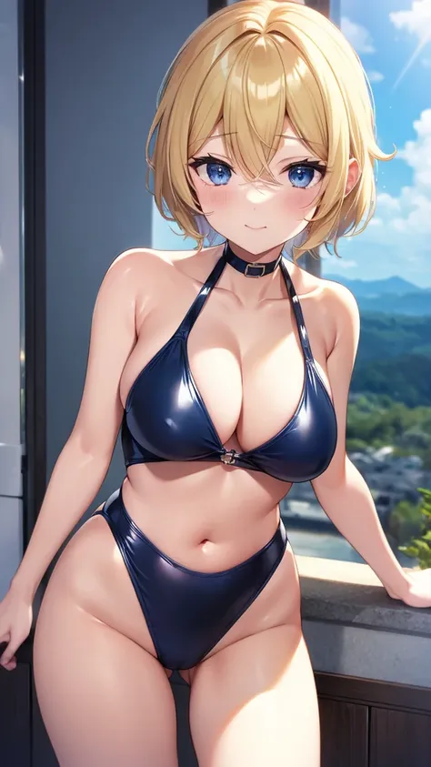 Rosalina、Blonde Pixie Cut、Navy blue latex swimsuit、Dark bedroom、Cool look、Landscape、Pale pink background