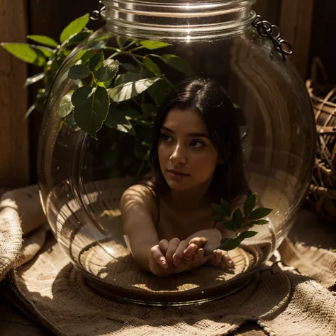 a small fairy woman trapped in a glass jar, an enormous woman holding the jar in the palm of her hand, fantasy world, beautiful fairy, highly detailed woman