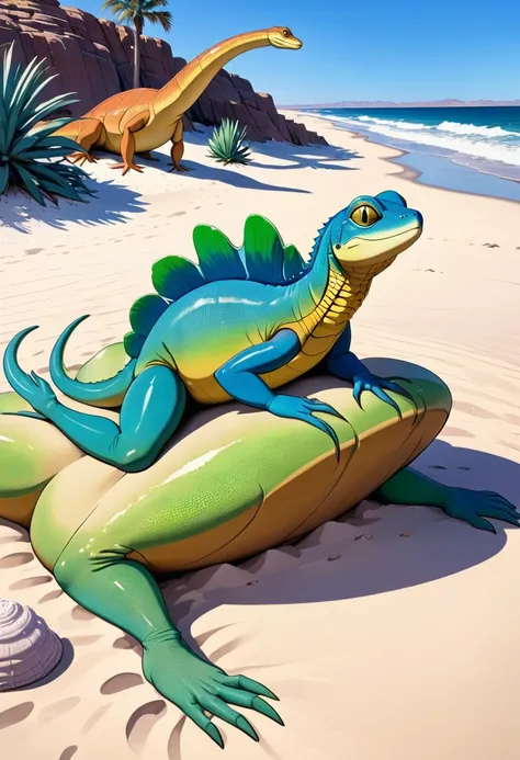 a group of sea animals sitting on top of a sandy beach, a surrealist sculpture, inspired by Tim White, magic realism, moebius. rich colors, david la chapelle, lizard legs, mexican desert