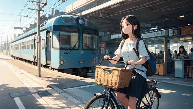 a girl riding a light blue bicycle on a quiet morning, long black hair, delicate features, passing by a train station, basket with a book and water bottle, peaceful morning sunlight