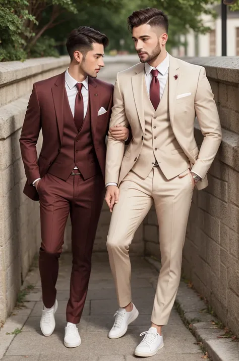 Create a pre-wedding groom, with a suit and slim marsala pants, a thin cream-colored tie,, colete cor marsala, and white sneakers 