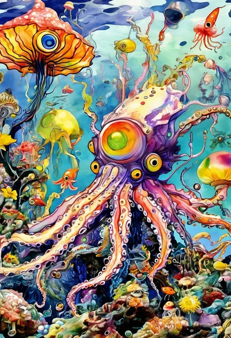 gonzobugs squid monster with hat, deep sea fishing, vehicle, agate geode dandelion clown core, a war-torn wonderland, fauvism , ...