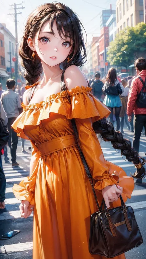 a woman posing on the street corner with orange dress on, best quality, 1 Girl, Large Breasts, sky, bright, Blurred Background, Bokeh, outdoor, (street:0.8), (people, crowd:0.8), (Off-shoulder dress:1.2), Gorgeous, (Braided Bangs:1.2), 美丽细致的sky空, (Dynamic ...