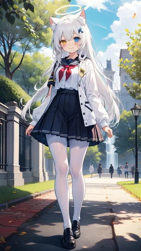 white hair，long hair，cat ear，heterochromia（blue on the left and yellow on the right），campus clothing，white pantyhose，loli body t...