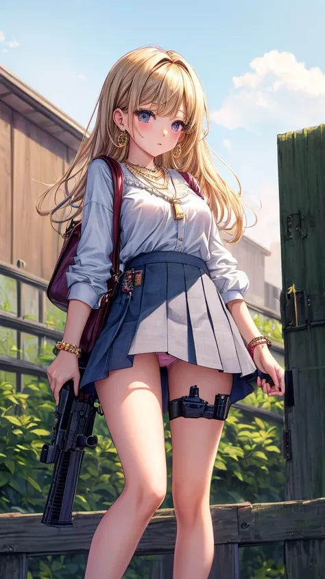 (masterpiece, highest quality, ultra high res, ultra detailed:1.3), 1 cute girl, gyaru, ideal ratio body proportions, many accessories, wrist scrunchies, brecelet, necklace, earrings, (holding rifle, looking into the gun sight, putting one foot on the fenc...