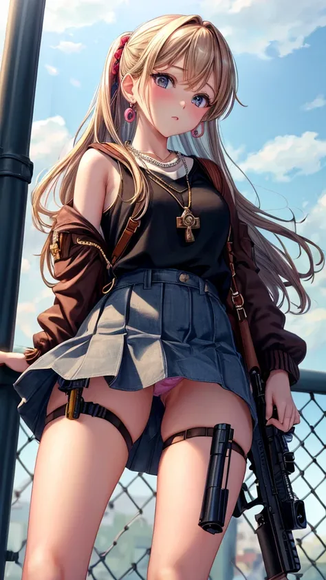 (masterpiece, highest quality, ultra high res, ultra detailed:1.3), 1 cute girl, gyaru, ideal ratio body proportions, many accessories, wrist scrunchies, brecelet, necklace, earrings, (holding rifle, looking into the gun sight, putting one foot on the fenc...