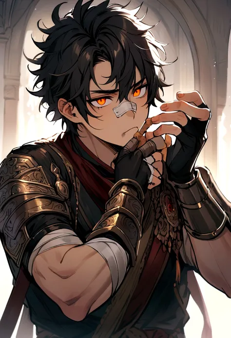 Male, young, black hair, short hair, messy hair, orange eyes colour, scar on jawline, bandage on nose, frown, sharp gaze, hands cleaning blood on mouth, fingerless gloves, arm guard