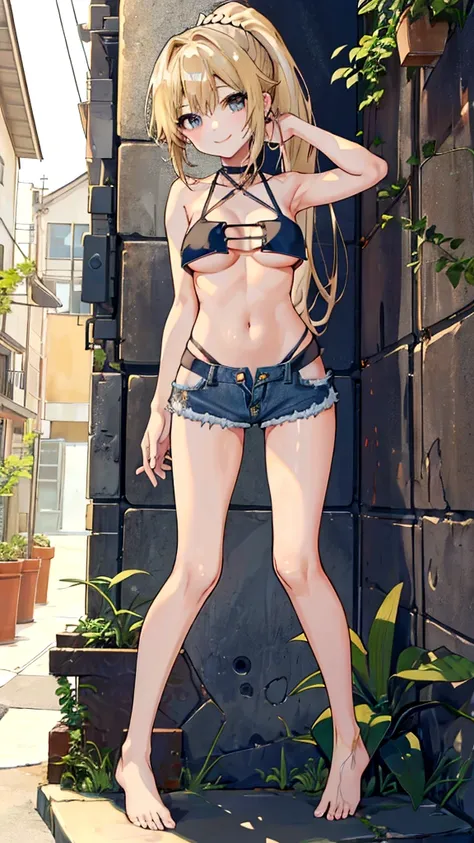 girl，（masterpiece，Highest quality），Street，(Completely naked)，Bare shoulders、Gal、Blonde、smile、Big Breasts，ponytail、(Underboob)，Cleavage，Torn(Mini Camisole)、looking at the camera、shoes、Damage shorts,(Tattered)Micro Mini Denim Shorts(Open button)，TornMicro Mi...