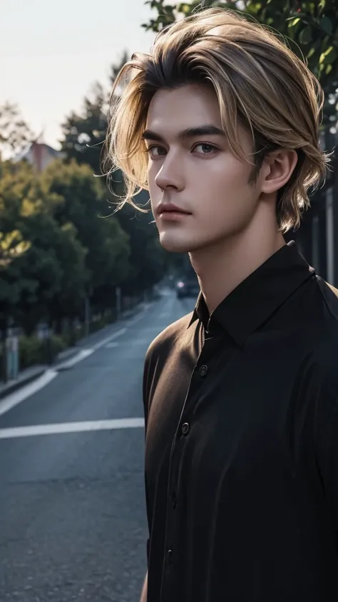 24-year-old guy, Black Full Sleves Shirt,silky blonde disheveled hairstyle, Square face shape, light beard, looking up at the camera, Walking on an empty road, Direct ownership, perfect  lighting, deep shadow, Best Quality, Masterpiece, ultra highres, Phot...