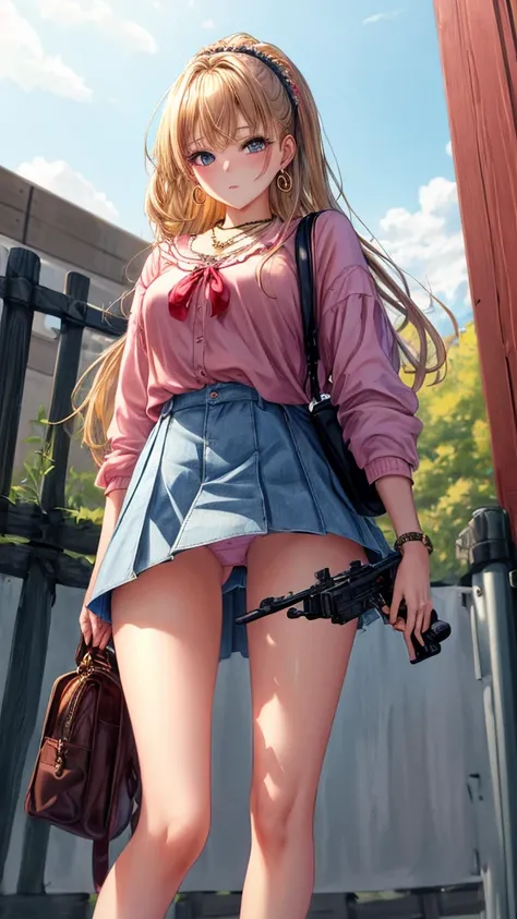 (masterpiece, highest quality, ultra high res, ultra detailed:1.3), 1 cute girl, gyaru, ideal ratio body proportions, many accessories, wrist scrunchies, brecelet, necklace, earrings, (holding rifle, looking into the gun sight, putting one foot on the fenc...