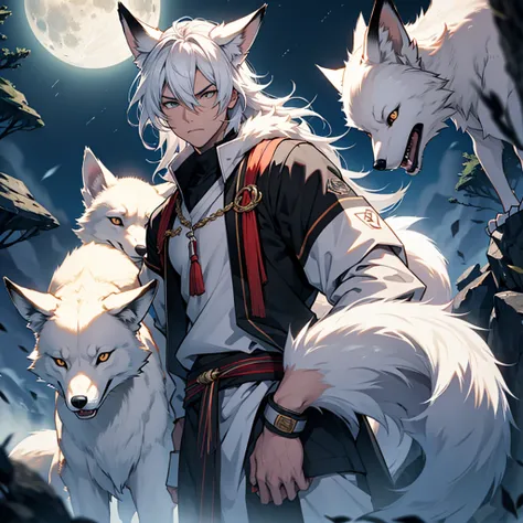 Moonlit night, A white fox with nine tails runs, Active fox behavior, angry fox