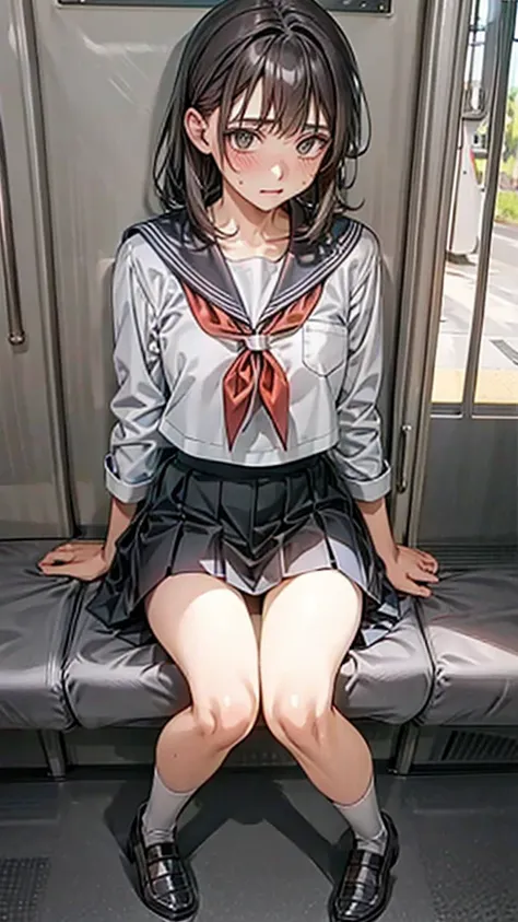 clasp hands between thighs,panty drop,twin tail,pov,shiny, sweaty thighs:1.5,open legs,japanese , sitting on a train,green sheet...