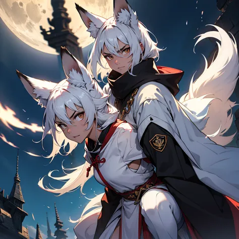 Moonlit night, A white fox with nine tails runs, Active fox behavior, angry fox