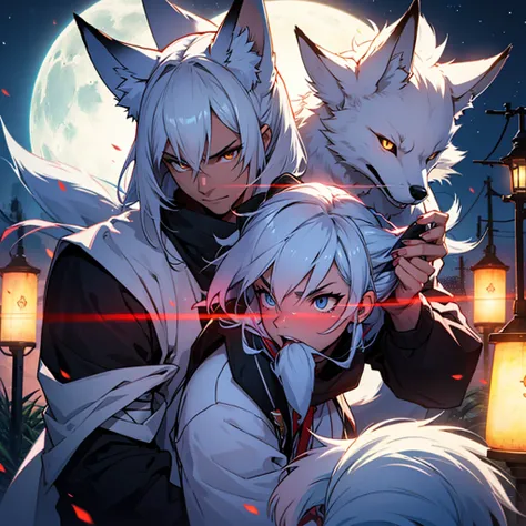 Moonlit night, A white fox with nine tails runs, Active fox behavior, angry fox