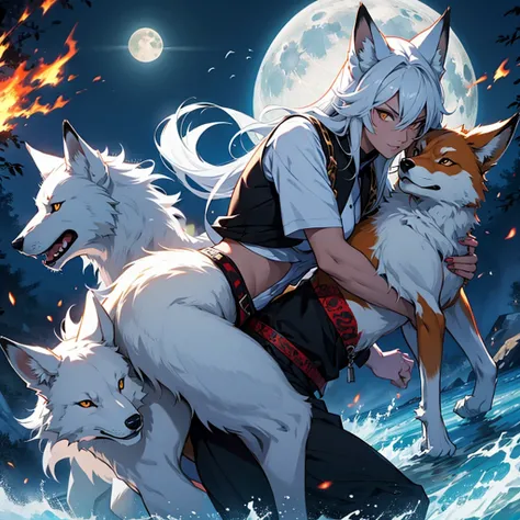 Moonlit night, A white fox with nine tails runs, Active fox behavior, angry fox