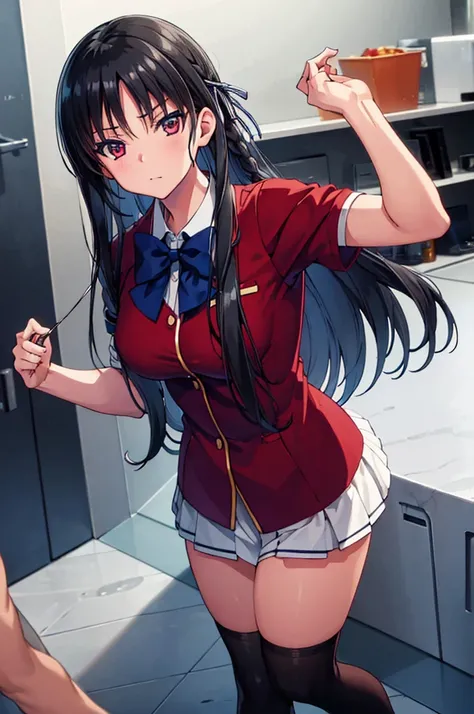 (masterpiece:1.3), (best quality:1.1), (8k, ultra detailed, ultra high res:1.2), ((anime style)), perfect 5 fingers, perfect anatomy, 
1girl,
Suzune Horikita, 
Suzune Horikita (youjitsu),
BREAK long hair, braid, 
black hair, 
red eyes, 
blue bow, 
(medium ...