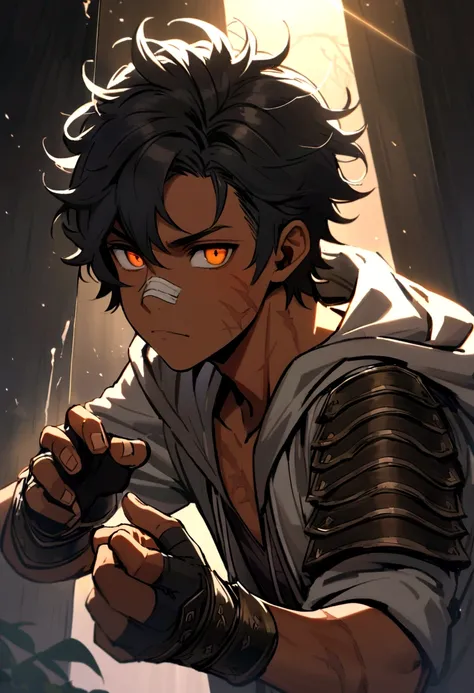 Male, young, black hair, short hair, messy hair, orange eyes colour, tan skin colour, scar on jawline, bandage on nose, frown, sharp gaze, back hand cleaning blood on mouth, fingerless gloves, arm guard, hoodie