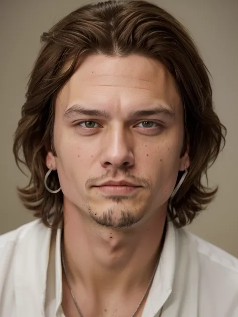 Slim white man with brown hair just below his ears, looking like the actor Johnny Deep