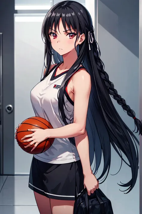 (masterpiece:1.3), (best quality:1.1), (8k, ultra detailed, ultra high res:1.2), ((anime style)), perfect 5 fingers, perfect anatomy, 
1girl,
BREAK long hair, braid, 
black hair, 
red eyes, 
(medium breasts:0.9), 
basketball wear, 
looking at viewer, cowbo...