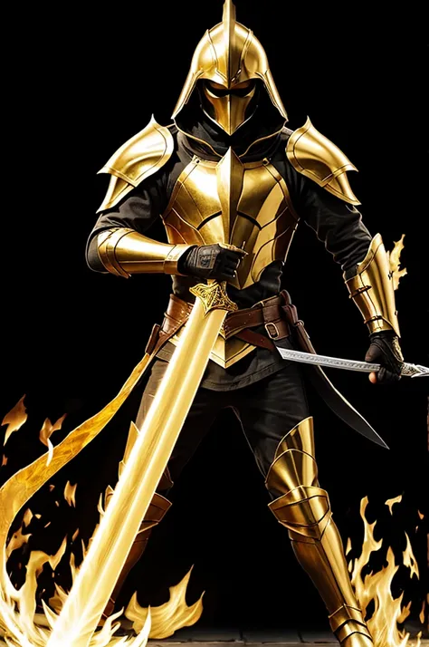 Create an image with a black background that highlights a white sword wrapped in golden flames 
