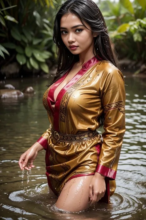 Malay woman wearing batik clothes, standing in the water, long sleeves, close-up fantasy with water magic, beautiful girl, big breast, long brown hair, wet hair, wearing a dress made of water, lifting up her dress, splashing water, realistic oil painting, ...