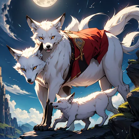 Moonlit night, A white fox with nine tails runs, Active fox behavior, angry fox