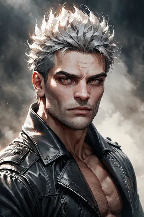 1boy, solo, male focus, realistic, upper body, jacket, closed mouth, coat, black jacket, looking at viewer, black coat, manly, spiked hair, grey hair --style 1 --preset 3, ((medium quality)), ((medium quality))