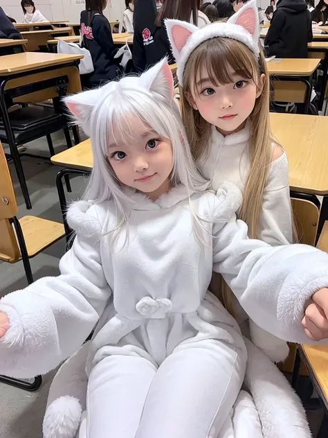 17-year-old girl、baby face、classmate、whole body、(white cat、cat ears、fur costume、white fur、fluffy costume、cat&#39;s tail)、spread ...