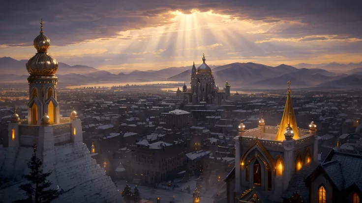 "A breathtaking celestial cityscape bathed in ethereal light, featuring the majestic throne of God and the Lamb at its heart. The city is adorned with shimmering streets of gold and walls of jasper, reflecting the purity and magnificence of its divine inha...