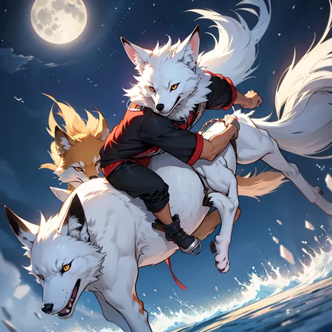 Moonlit night, A white fox with nine tails runs, Active fox behavior, angry fox