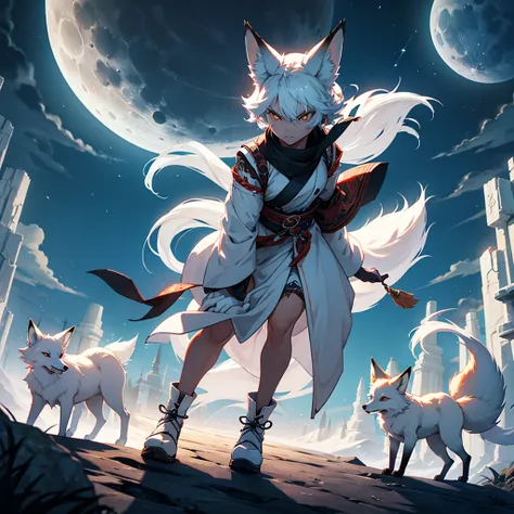 Moonlit night, A white fox with nine tails runs, Active fox behavior, angry fox