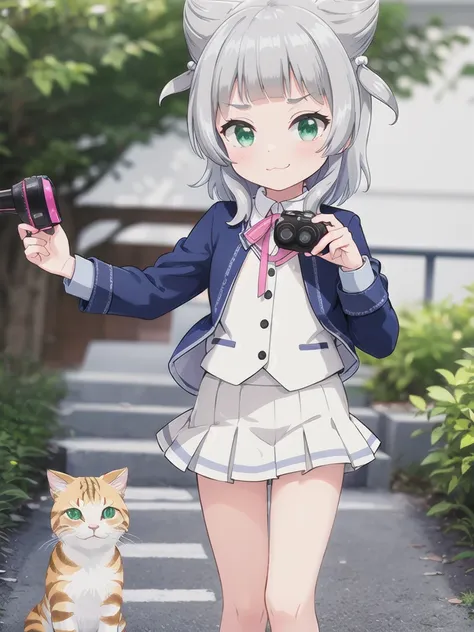 outdoor,((the way)),, 1girl,green eyes, grey hair, hair ornaments, bangs, virtual youtuber, blunt bangs, double bang, animal ear...