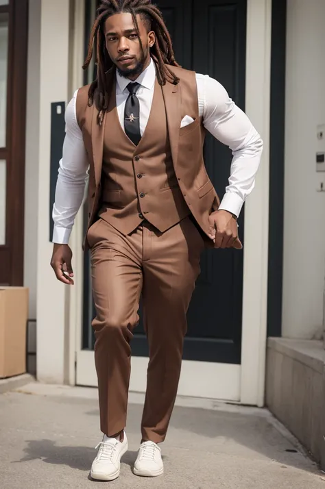 A black man with dreadlocks, wearing a suit and slim marsala pants. He wears a thin cream-colored tie and a marsala-colored vest.. on the feet, he wears white sneakers.