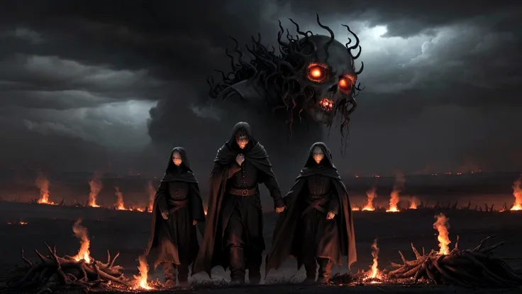 "A haunting portrayal of souls in torment, trapped in a bleak and fiery abyss. Flames flicker ominously in the background, casting eerie shadows on the faces of the damned. Each figure is depicted in a state of perpetual agony, surrounded by swirling smoke...