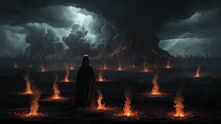 "A haunting portrayal of souls in torment, trapped in a bleak and fiery abyss. Flames flicker ominously in the background, casting eerie shadows on the faces of the damned. Each figure is depicted in a state of perpetual agony, surrounded by swirling smoke...